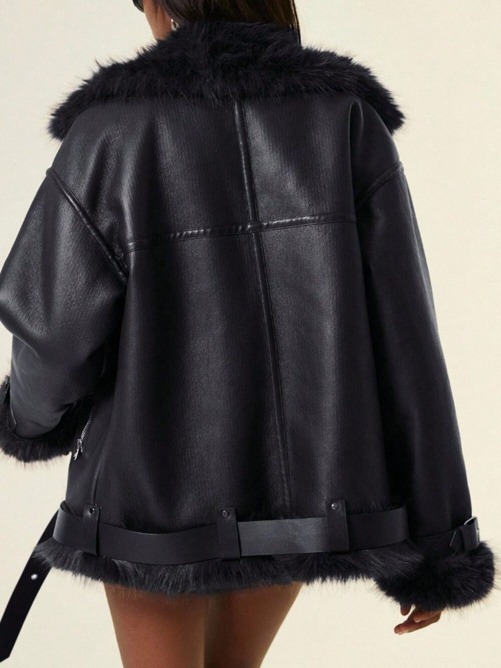 Black Casual Motorcycle Women's Faux Fur Collar Belt Jacket - Picture 2 of 7